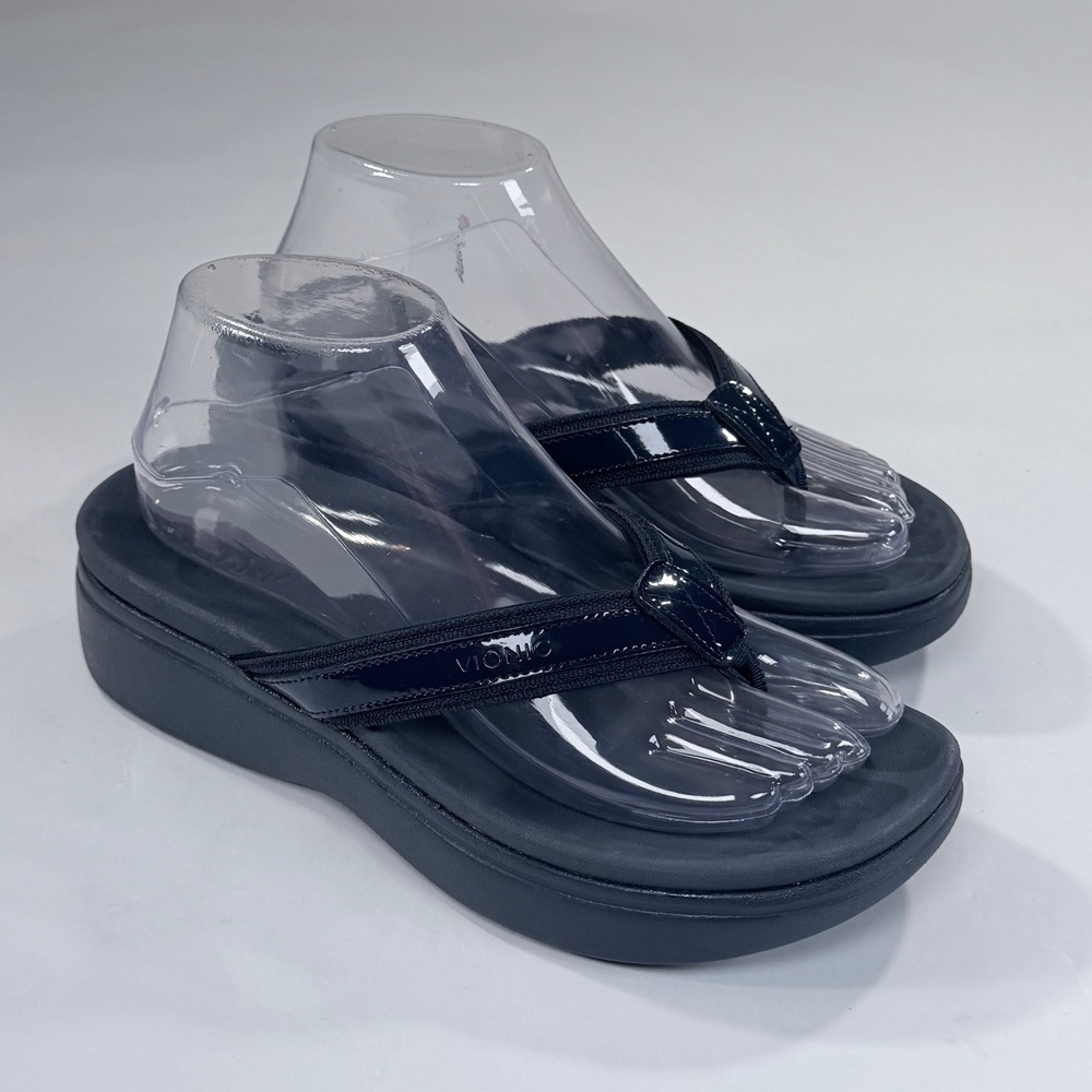 Vionic High Tide ll Sandal Womens 7.5 Navy Blue Patent Platform Flip Flop Casual